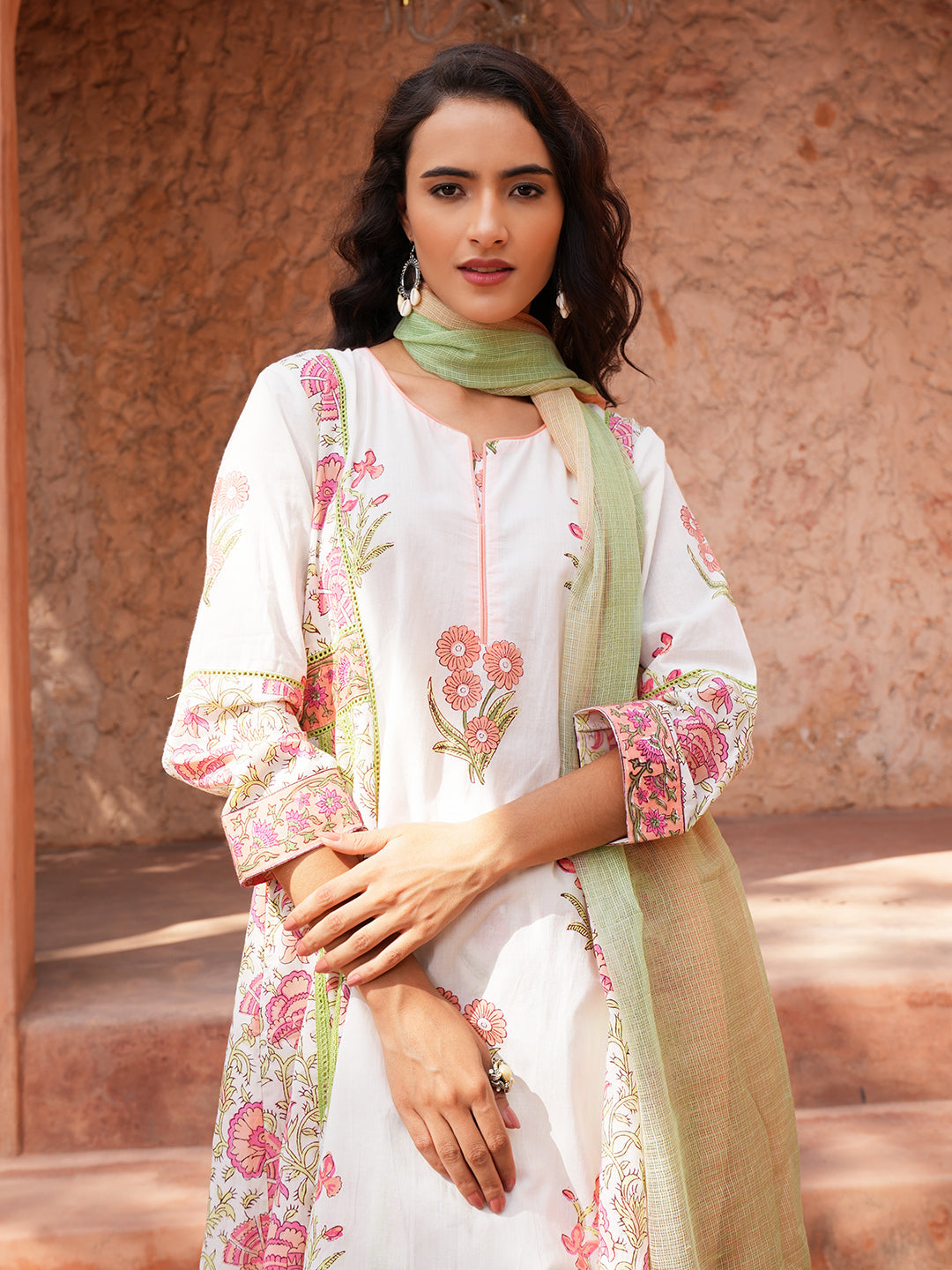 Ivory Bloom Lace Floral Cotton Kurta Set with Dupatta