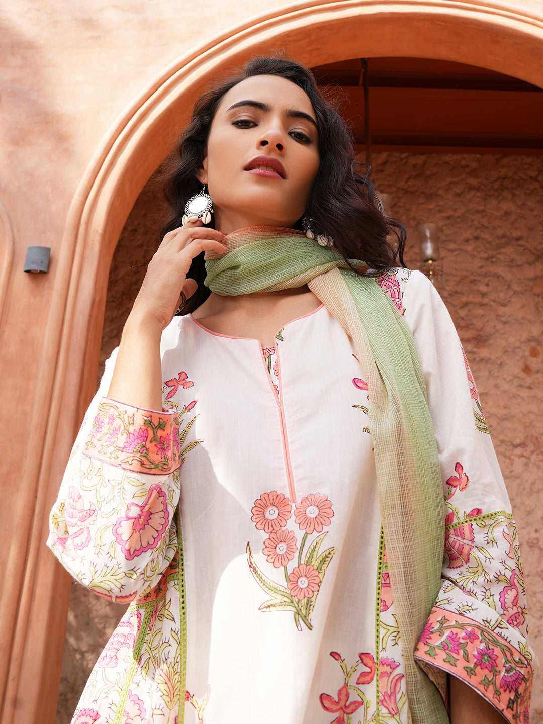Ivory Bloom Lace Floral Cotton Kurta Set with Dupatta