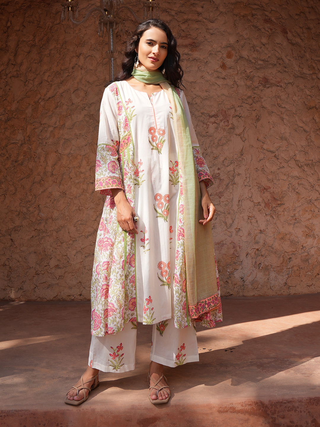 Ivory Bloom Lace Floral Cotton Kurta Set with Dupatta