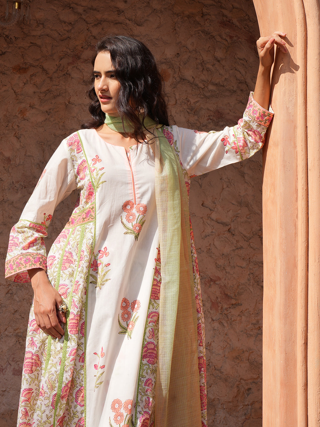 Ivory Bloom Lace Floral Cotton Kurta Set with Dupatta