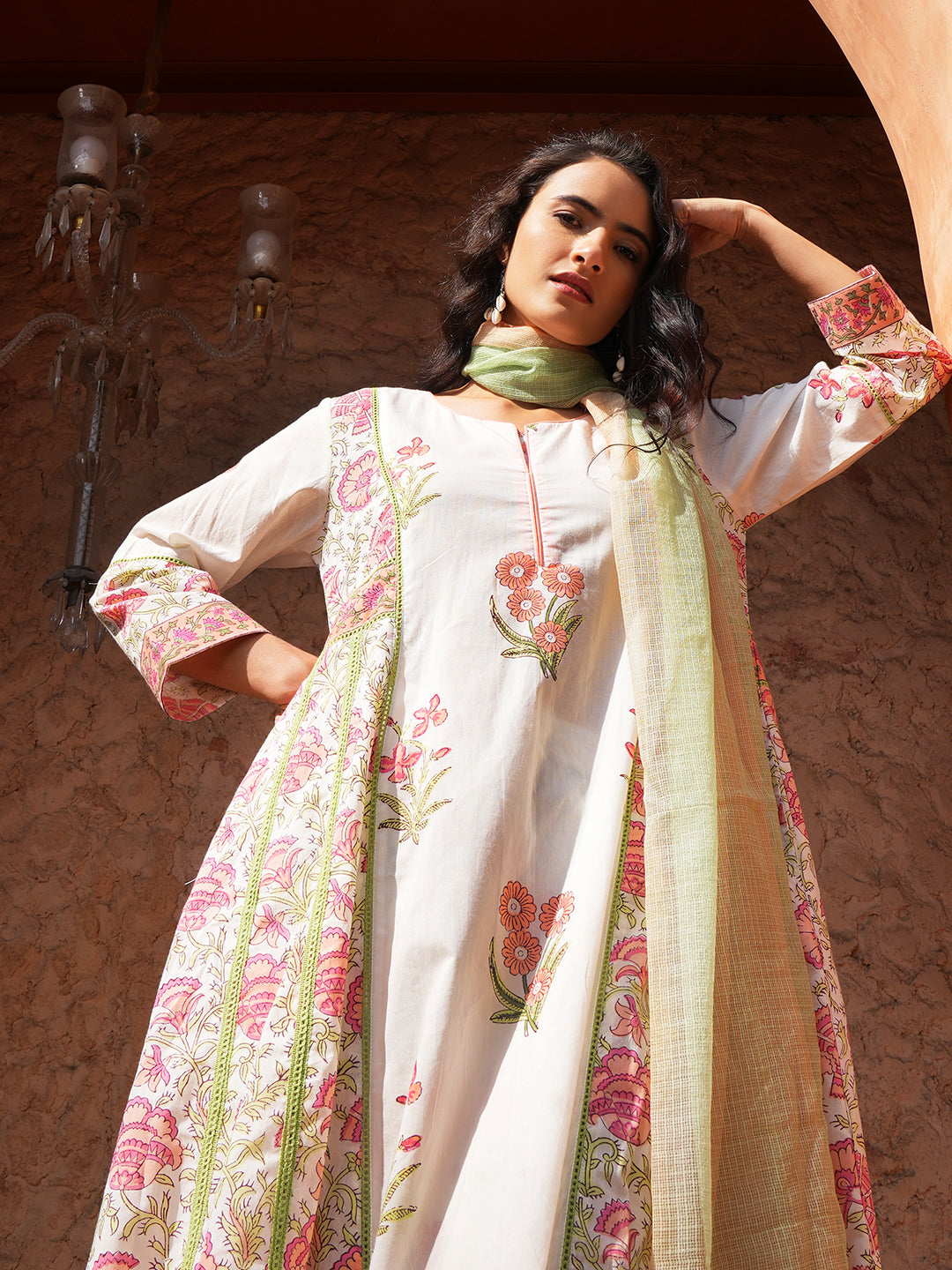 Ivory Bloom Lace Floral Cotton Kurta Set with Dupatta