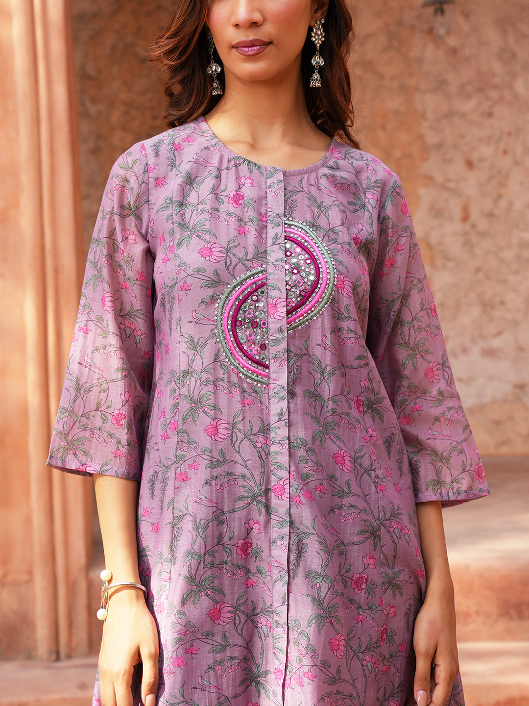 Women's Onion Pink Chanderi Hand Embroidered A-Line Kurta Set with Dupatta
