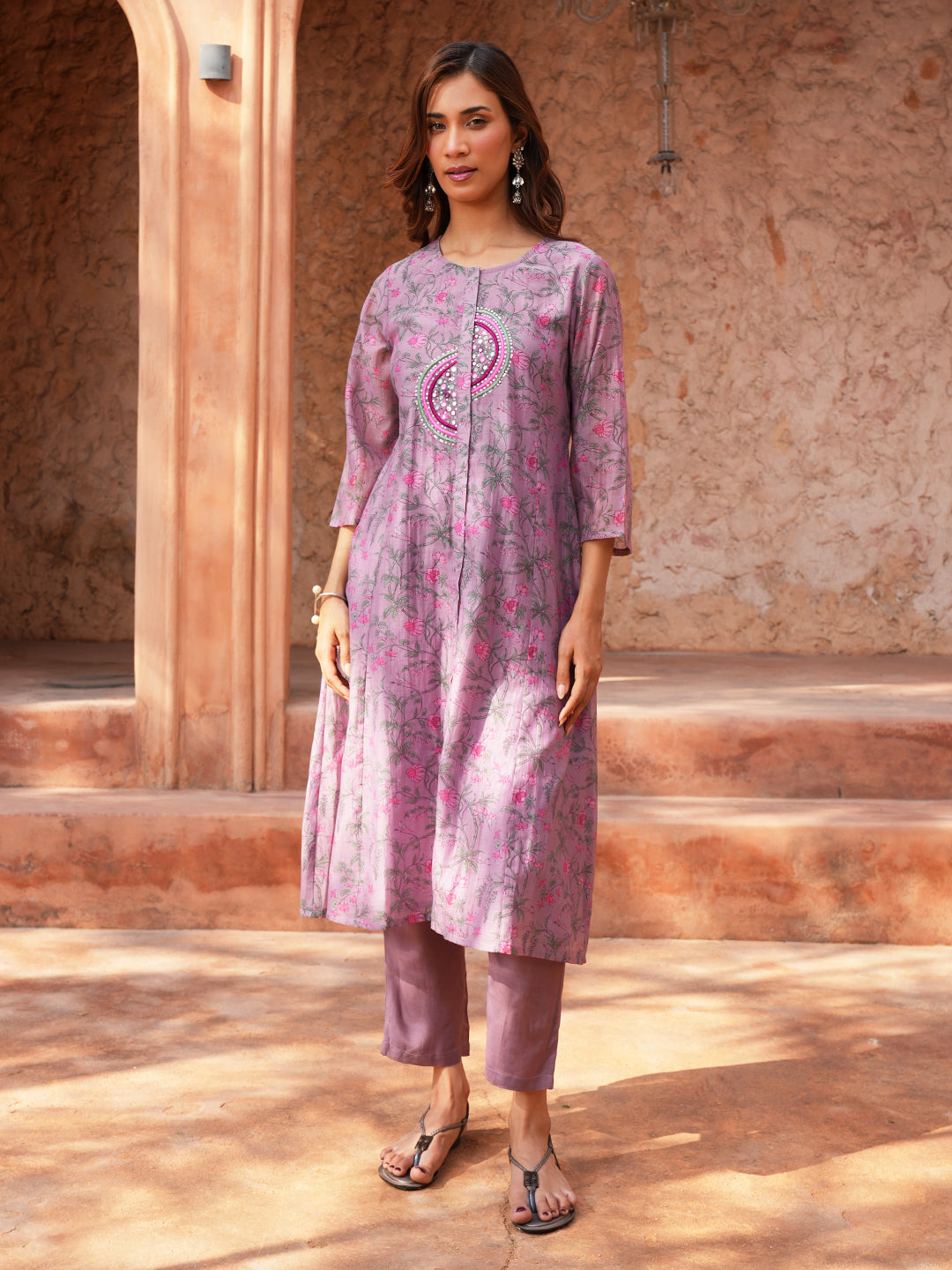 Women's Onion Pink Chanderi Hand Embroidered A-Line Kurta Set with Dupatta