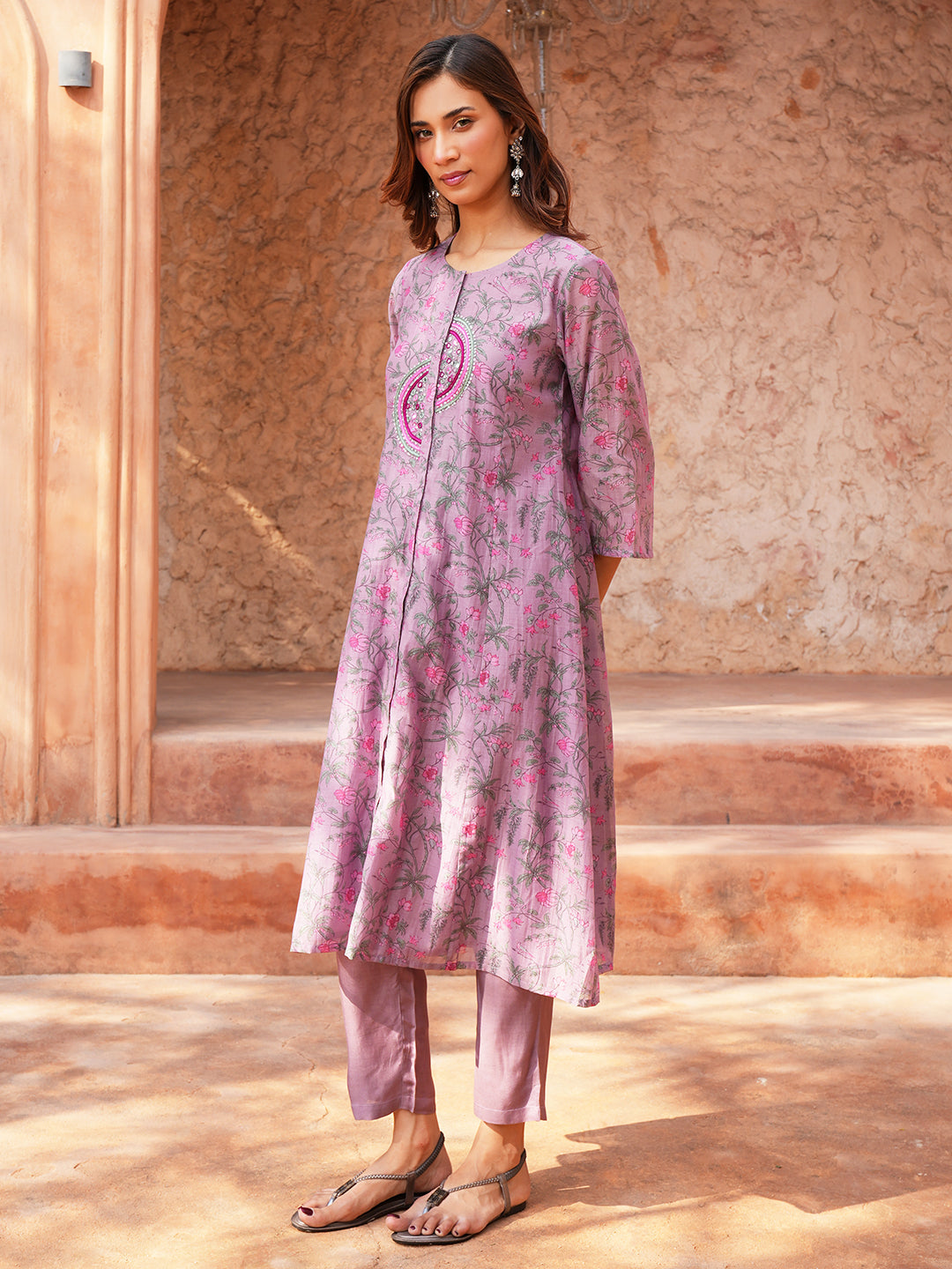 Women's Onion Pink Chanderi Hand Embroidered A-Line Kurta Set with Dupatta