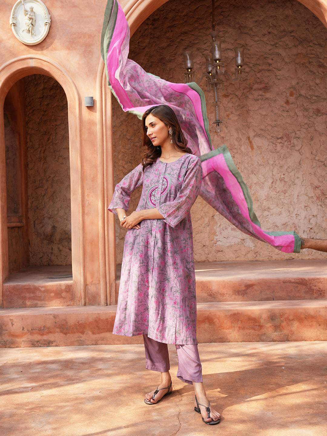 Women's Onion Pink Chanderi Hand Embroidered A-Line Kurta Set with Dupatta