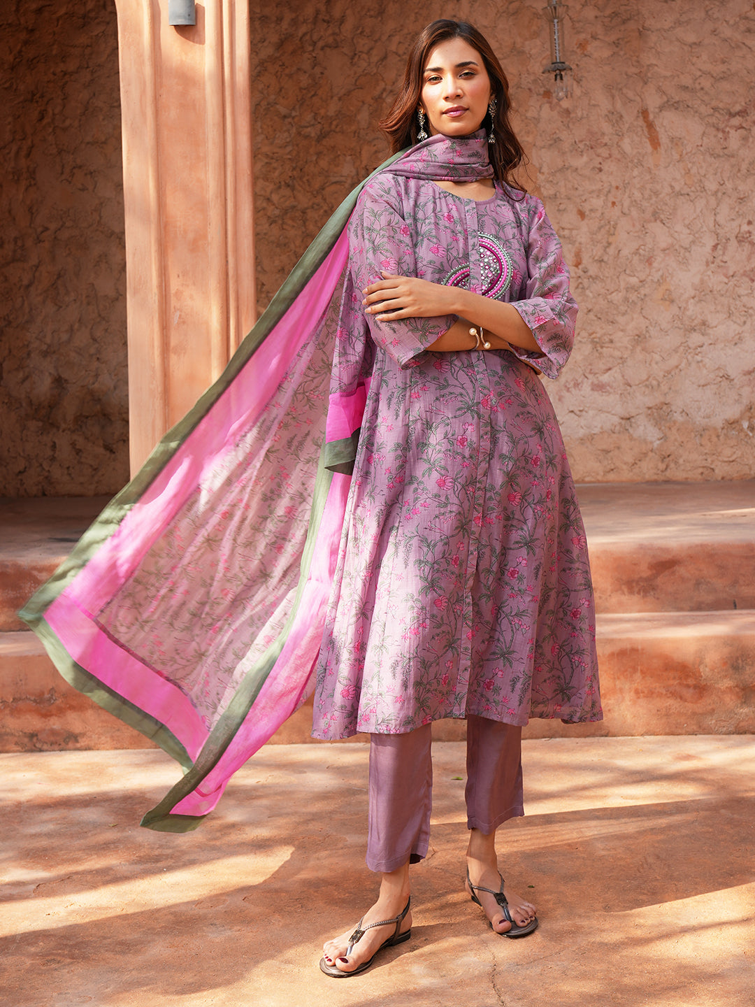 Women's Onion Pink Chanderi Hand Embroidered A-Line Kurta Set with Dupatta