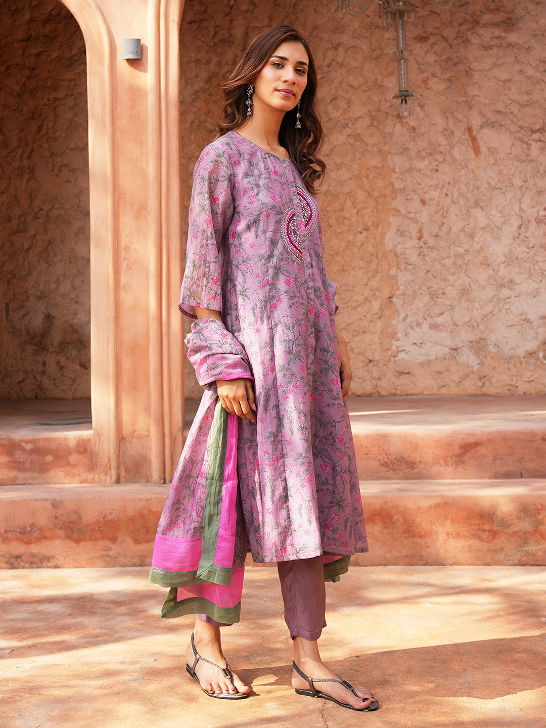 Women's Onion Pink Chanderi Hand Embroidered A-Line Kurta Set with Dupatta