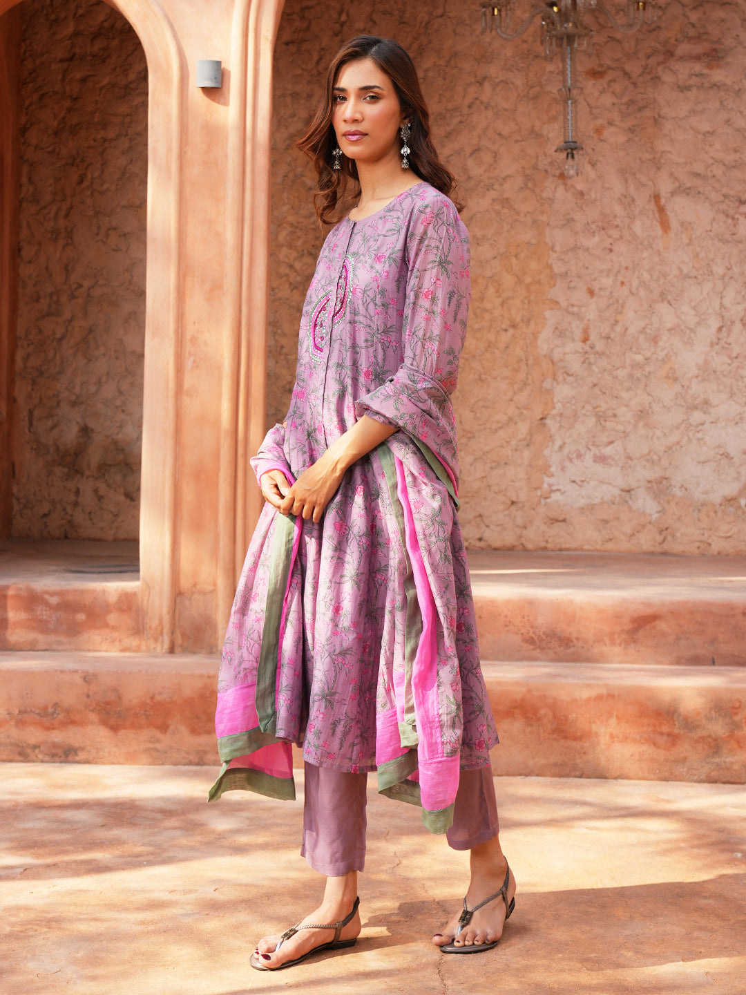 Women's Onion Pink Chanderi Hand Embroidered A-Line Kurta Set with Dupatta