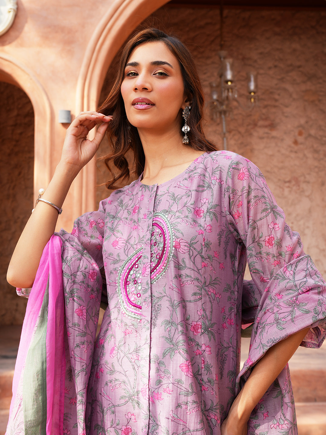 Women's Onion Pink Chanderi Hand Embroidered A-Line Kurta Set with Dupatta