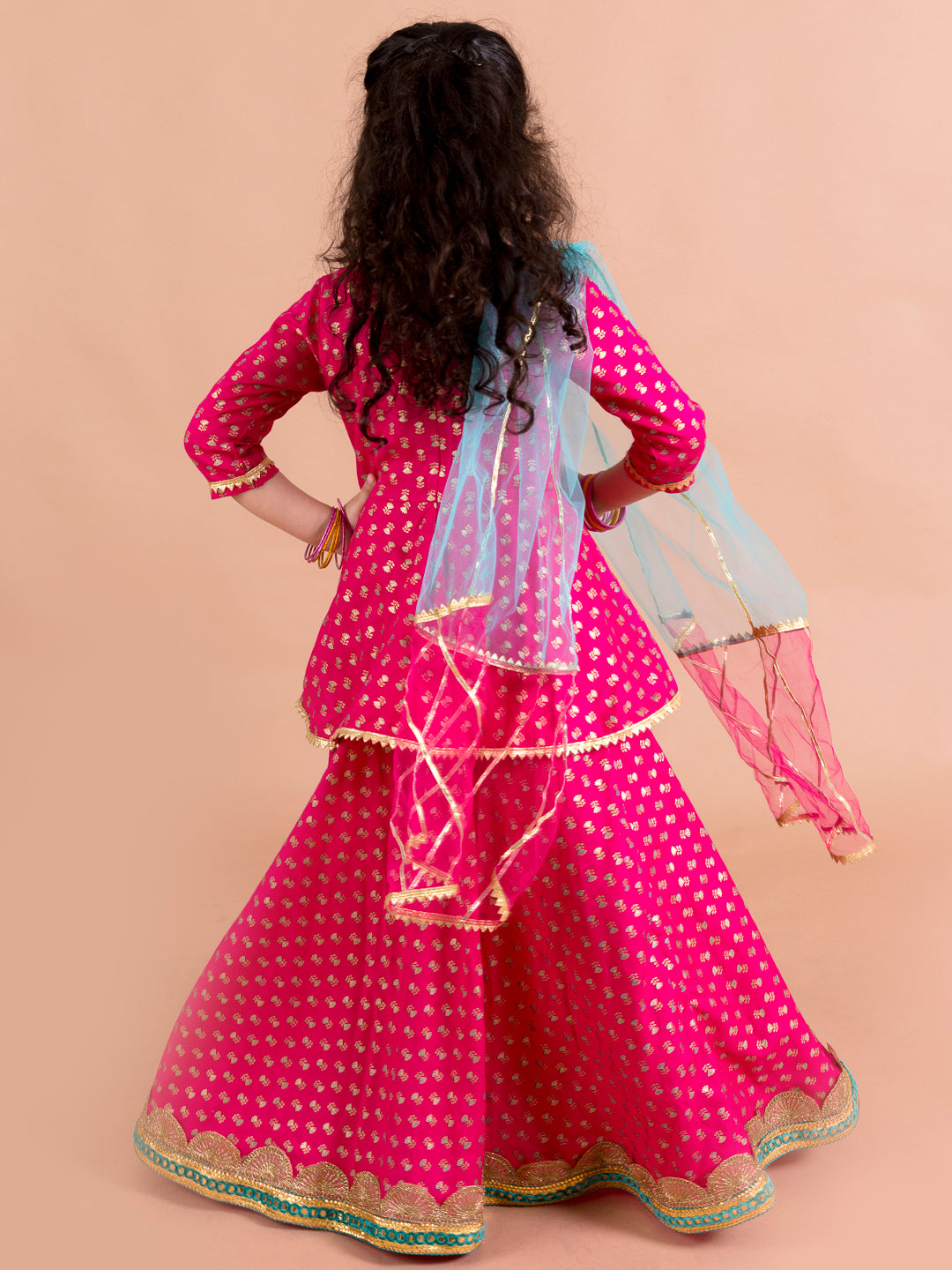 Pspeaches Girls Magenta Blue Printed Ready To Wear Lehenga Blouse With Dupatta (L-FOIL MAGENTA)