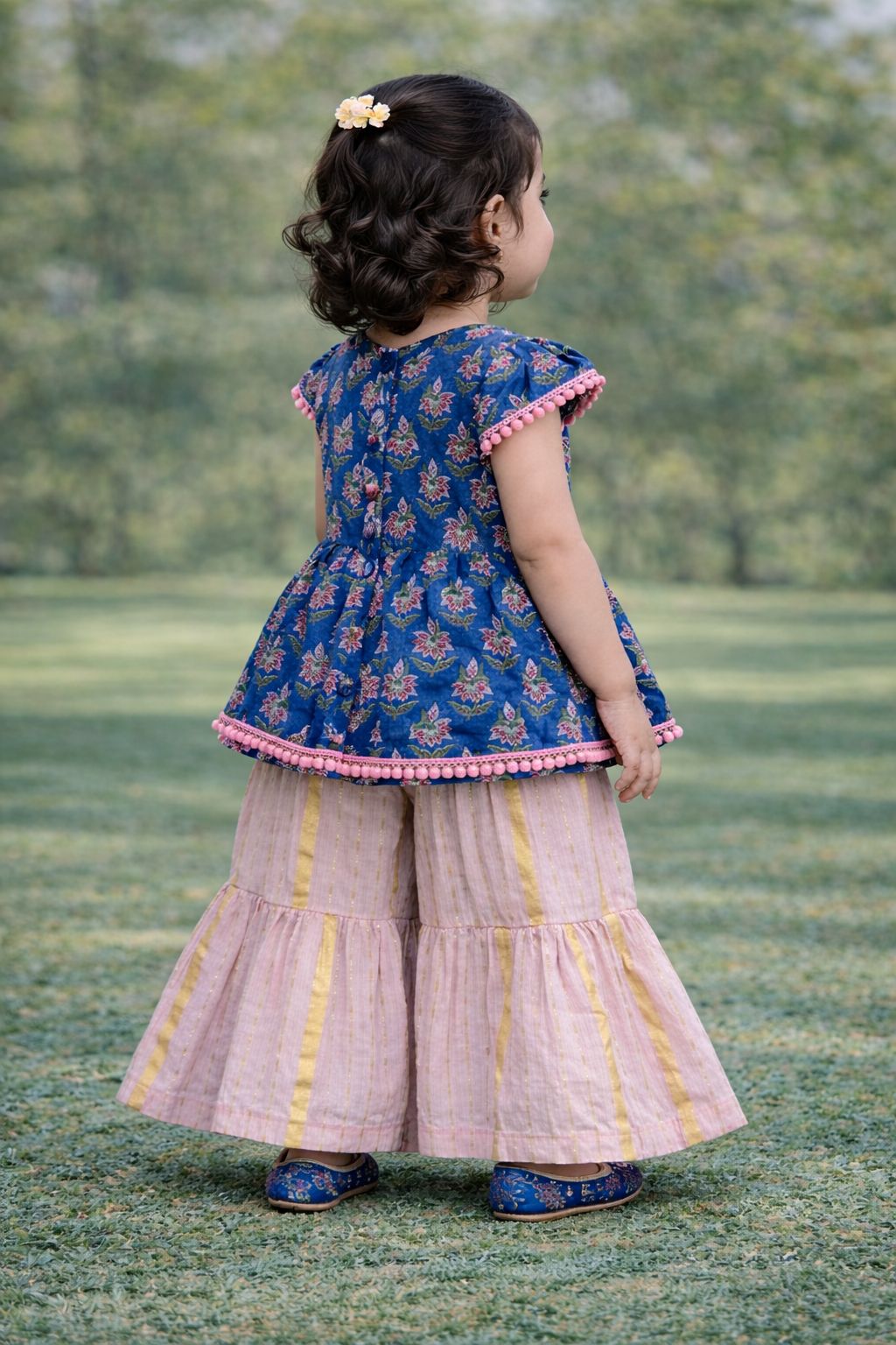 Pspeaches Baby Girls Blue & Pink Ethnic Booti Print Cotton A-Line Kurta With Sharara Set ( Sku-Ing-Bluepink )