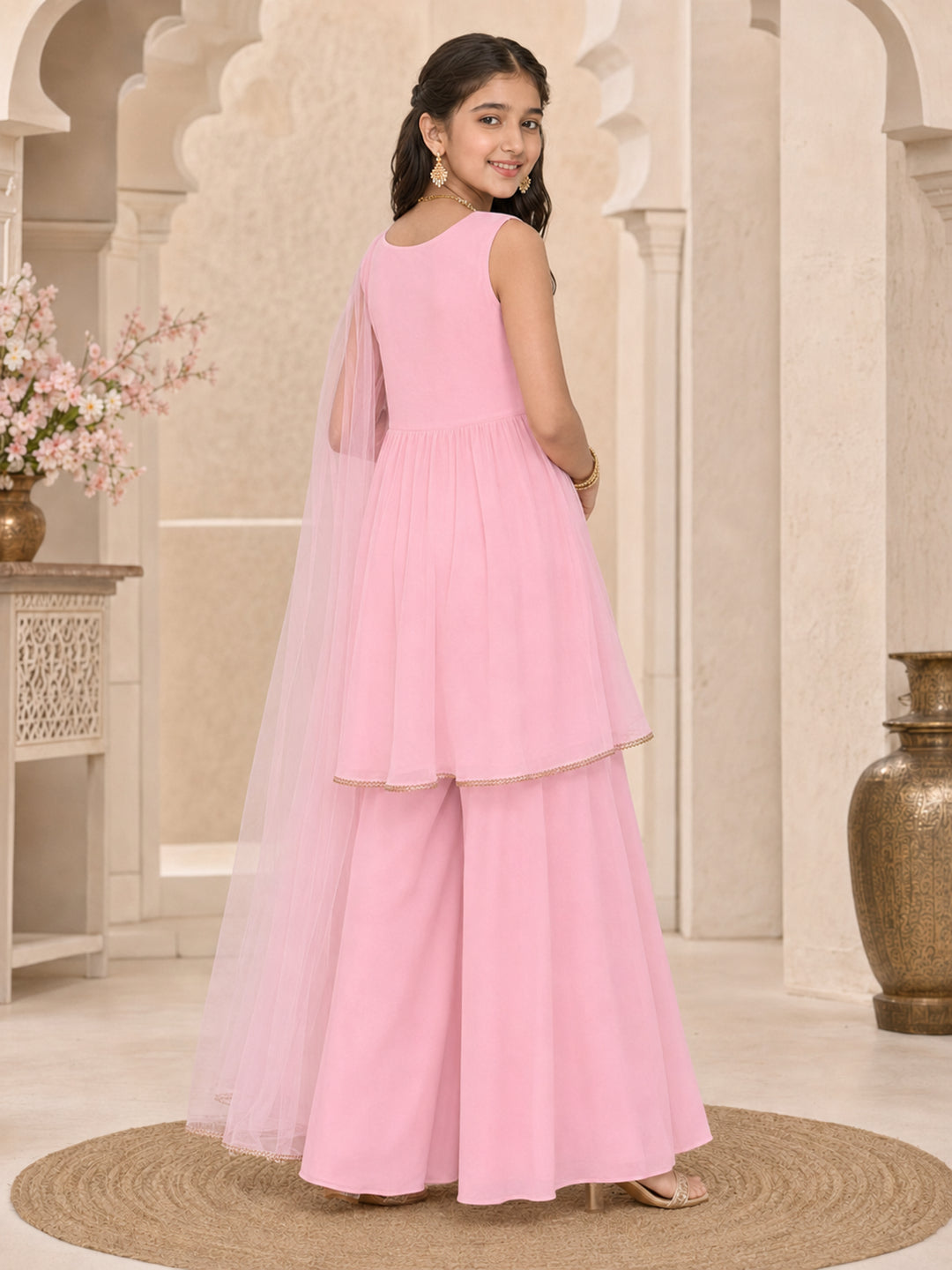 Pspeaches Girls Georgette Sleeveless Square Neck Embroidered Pink Kurti & Palazzo With Dupatta 3 Piece Set