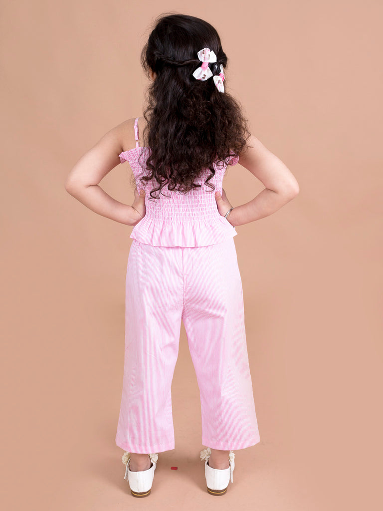 Pspeaches Girls Pink White Solid Co-Ords (S-PINK STRIPES)