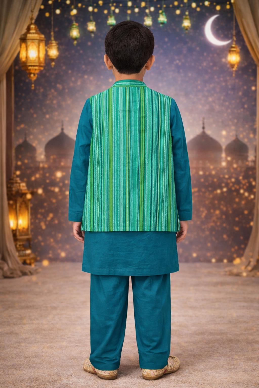 Pspeaches Boys Teal Green Ethnic Solid Cotton Slub Straight Fit Kurta With Pyjama & Jacket ( Sku-Kp-Bluemsulin )