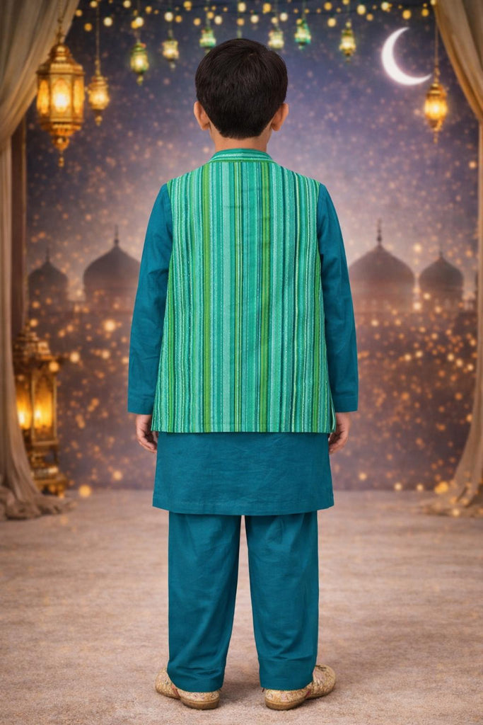 Pspeaches Boys Teal Green Ethnic Solid Cotton Slub Straight Fit Kurta With Pyjama & Jacket ( Sku-Kp-Bluemsulin )