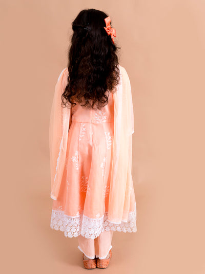 Pspeaches Girls Peach-Coloured Floral Printed Angrakha Pure Cotton Kurta With Trousers With Dupatta (KS-PEACHANGRA)