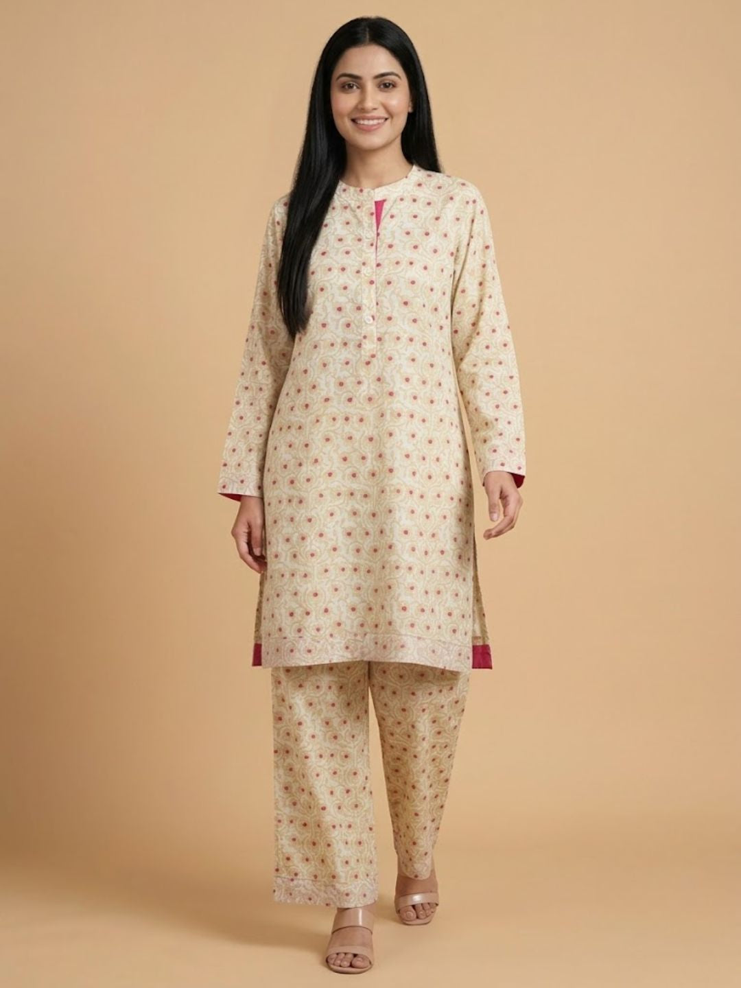 Pspeaches Women Cotton Full Sleeves Mandarin Collar Floral Print Kurta With Pant 2 Piece Set - Beige