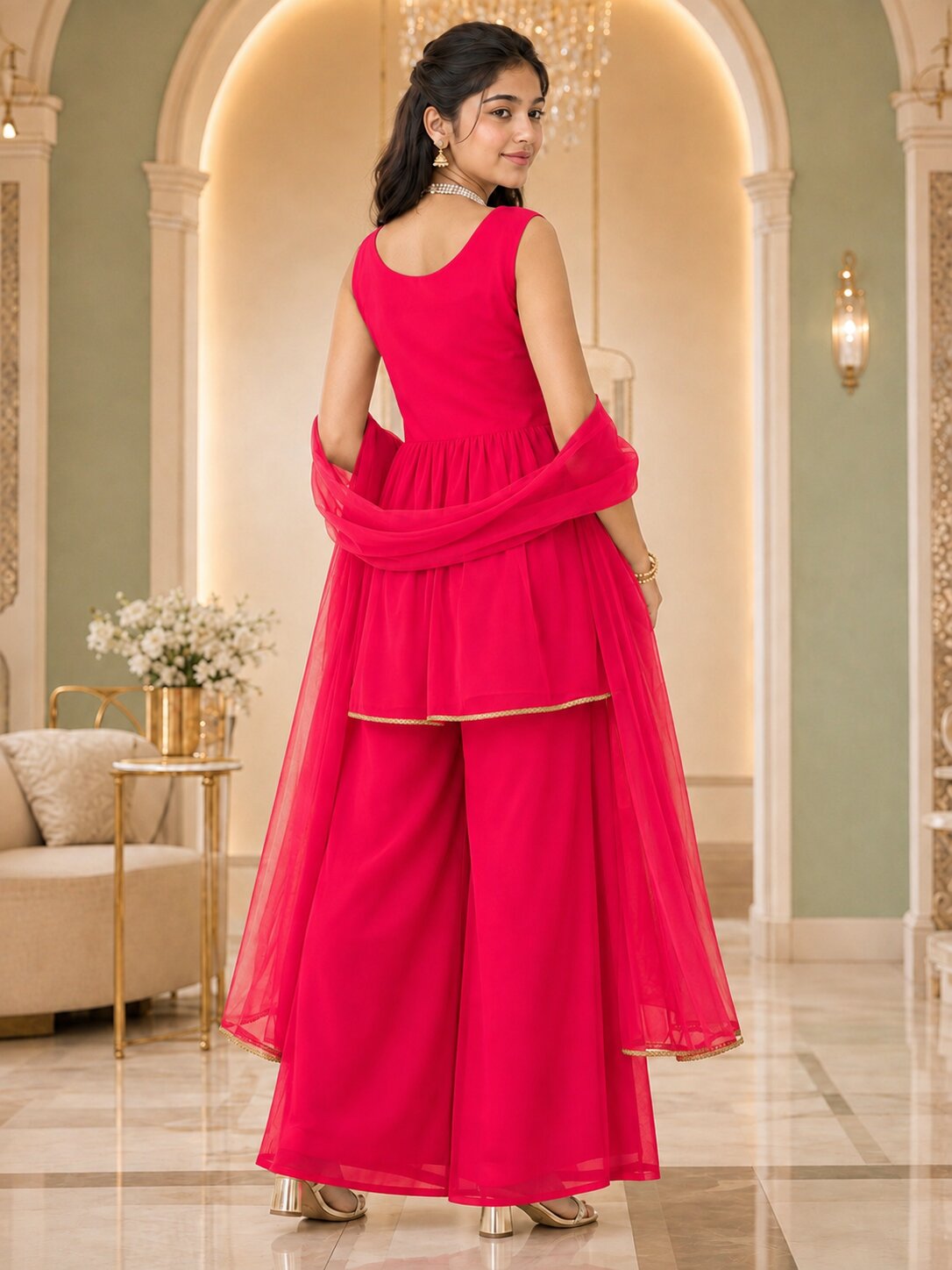 Pspeaches Girls Georgette Sleeveless Square Neck Embroidered Coral Red Kurti & Palazzo With Dupatta 3 Piece Set