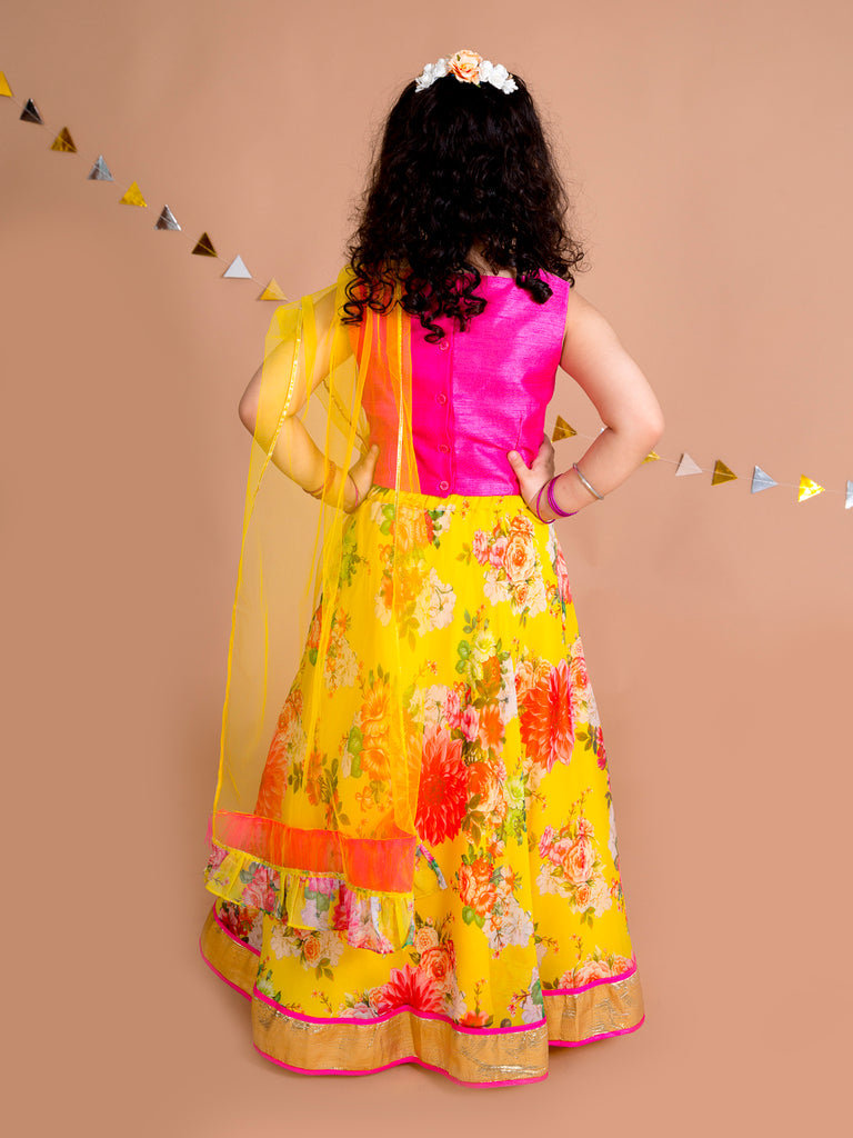 Pspeaches Girls Yellow Pink Embroidered Ready To Wear Lehenga Blouse With Dupatta (L-YELLOW FLORAL GGT)
