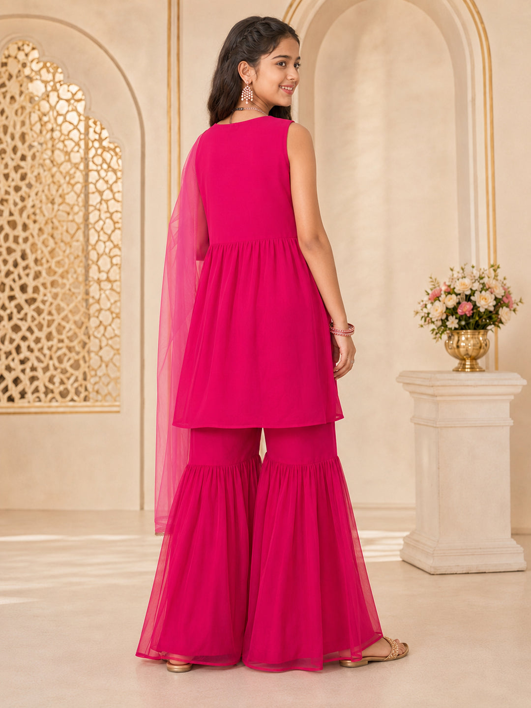 Pspeaches Girls Georgette Sleeveless Round Neck Embroidered Magenta Kurti & Sharara With Dupatta 3 Piece Set