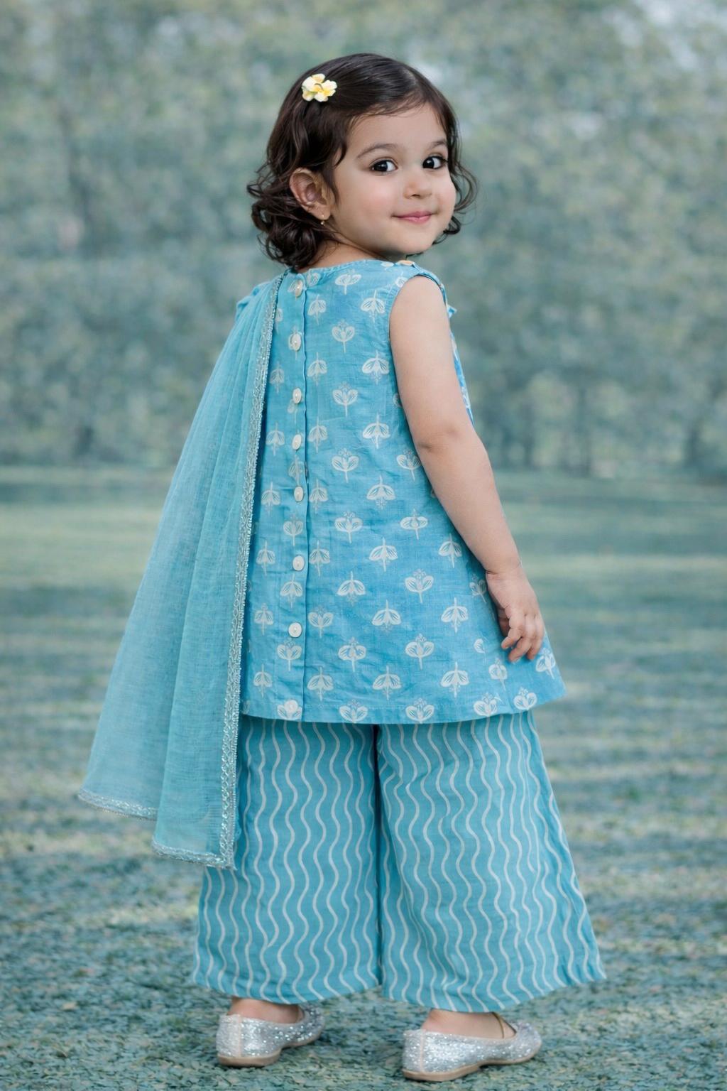 Pspeaches Baby Girls Sky-Blue Ethnic Khaddi Print Cotton A-Line Kurta & Pant With Dupatta ( Sku-Ing-Bluekhaddi )