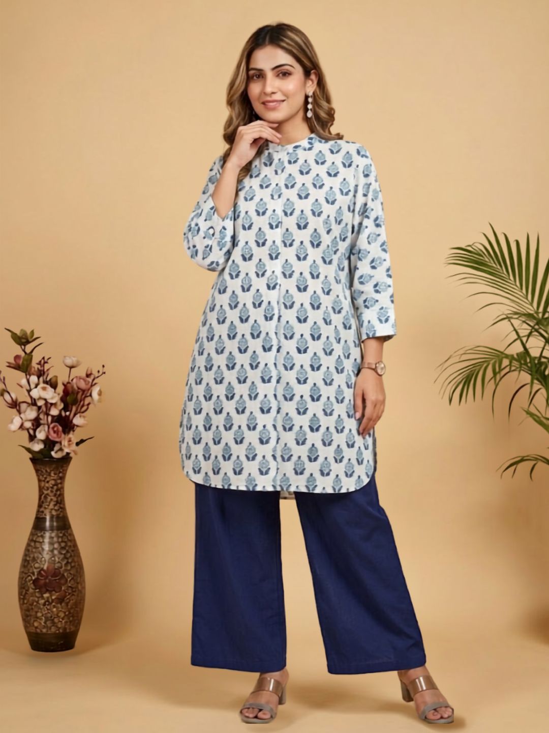 Pspeaches Women Cotton Full Sleeves Mandarin Collar Floral Print Kurta With Pant 2 Piece Set - White & Blue