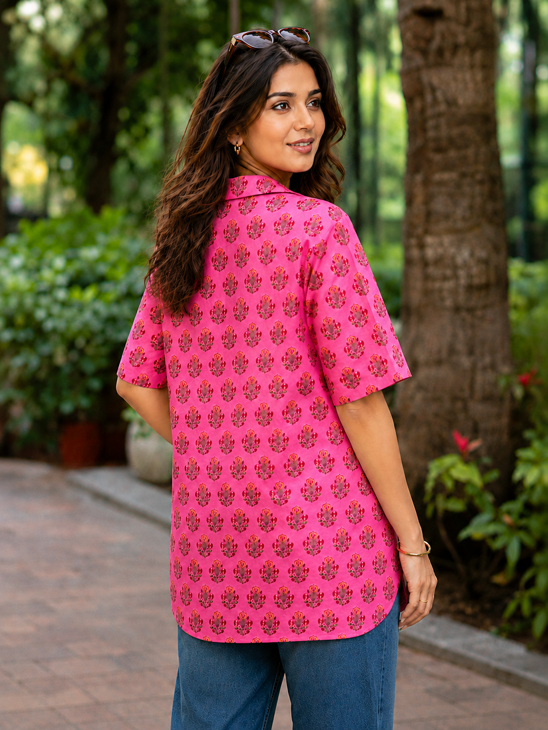 Pspeaches Women Cotton 3/4Th Sleeves Collared Neck Floral Print 1 Piece Shirt - Pink