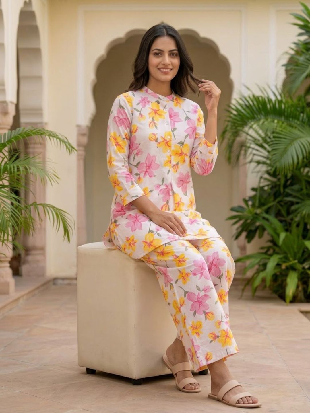 Pspeaches Women Cotton Full Sleeves Mandarin Collar Floral Print Kurta With Pant 2 Piece Set - Offwhite