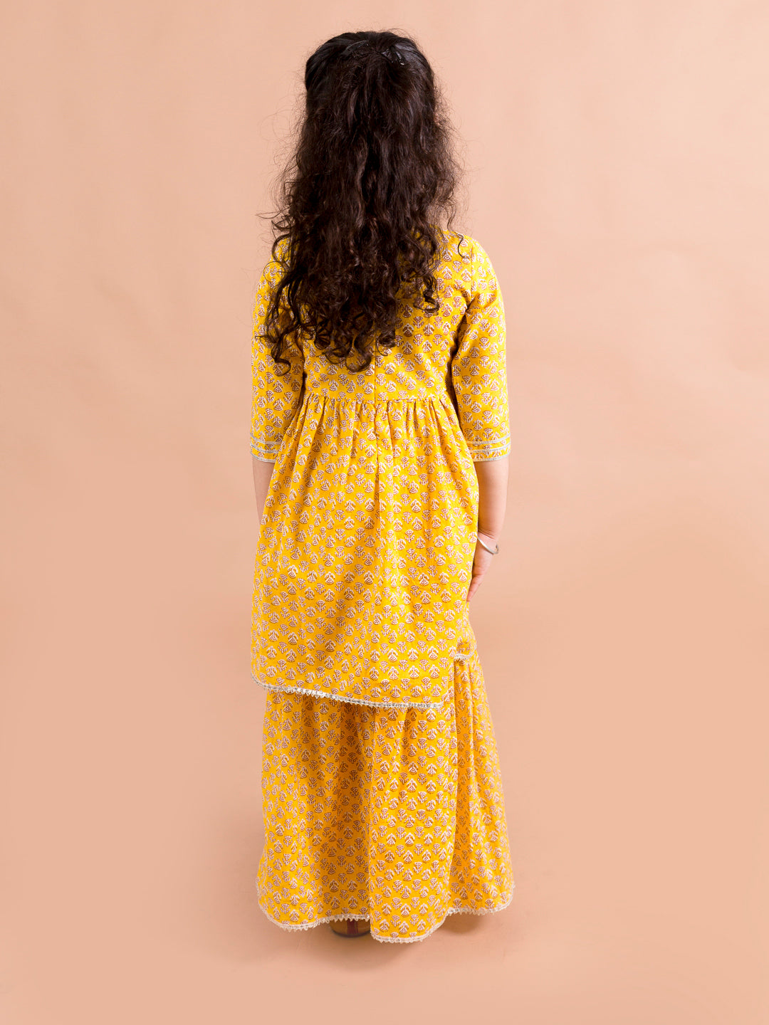 Pspeaches Girls Yellow Ethnic Booti Print Cotton A-Line Kurta With Sharara Set ( Sku-Ks-Mustardbooti )