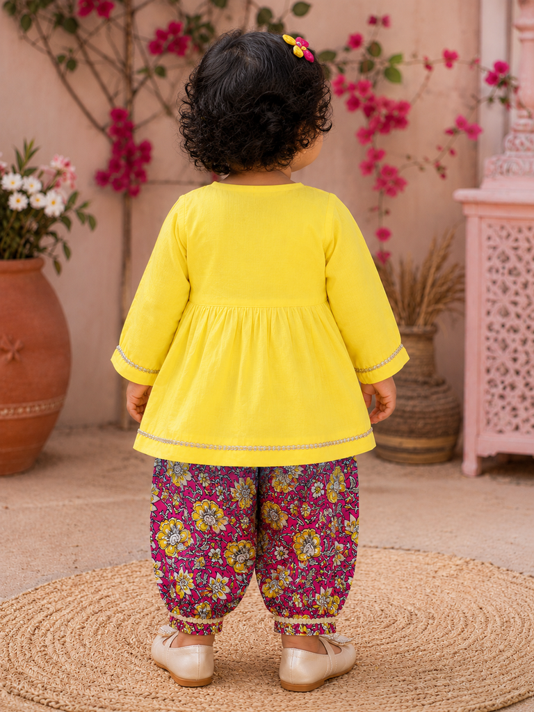 Pspeaches Baby Girl Yellow Ethnic Floral Print Cotton Peplum Set Kurta With Pant ( Sku-Ing-Ks-Yellowpeplum )