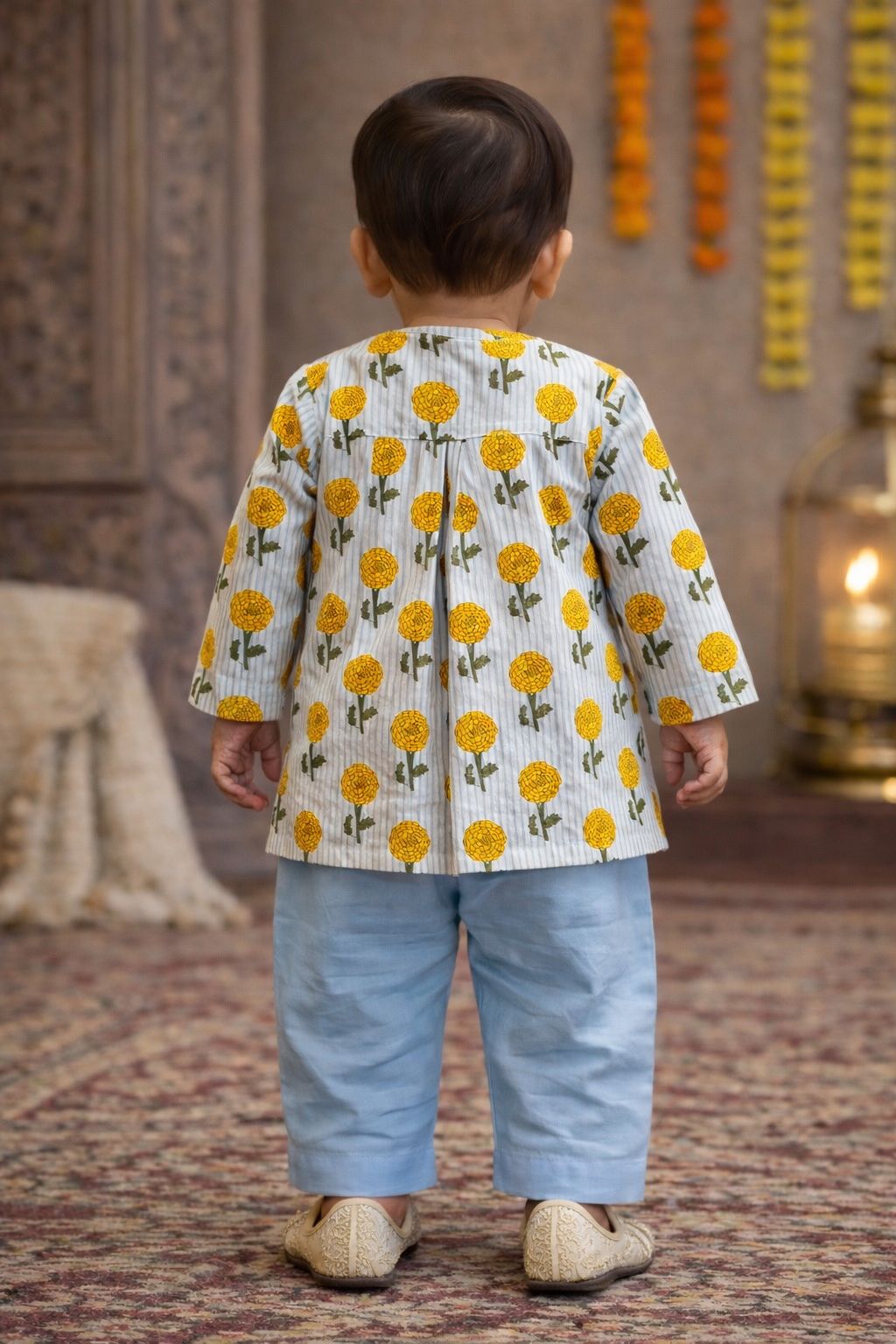 Pspeaches Baby Boys Blue & White Booti With Stripe Print Cotton A-Line Kurta With Pyjama Set ( Sku-Inb-Bluestripes )