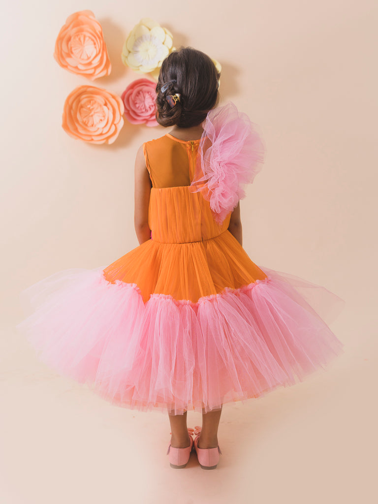 Orange & Pink Colourblocked Net Maxi Dress (D-ORANGEFUSH)