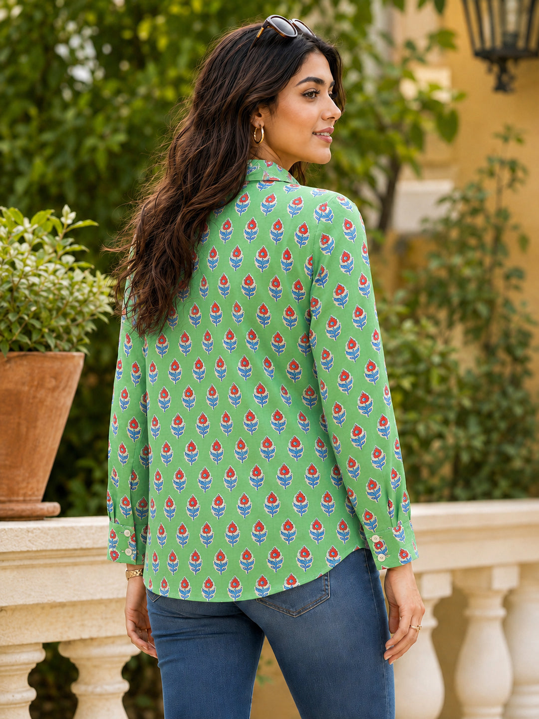 Pspeaches Women Cotton Full Sleeves Collared Neck Floral Print 1 Piece Shirt - Green