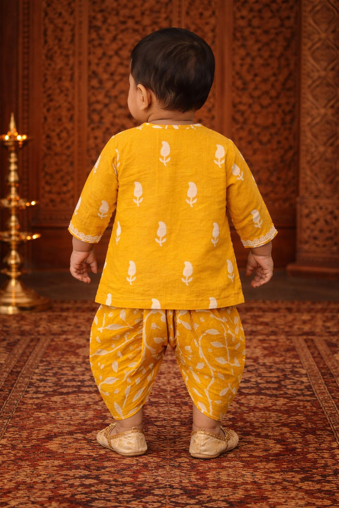 Pspeaches Baby Boys Mustard Booti Print Cotton Straight Fit Kurta With Dhoti Pant ( Sku-Inb-Dhotiyellow )