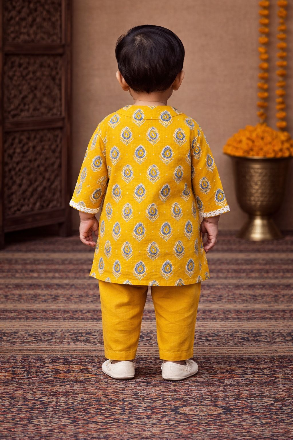 Pspeaches Baby Boys Mustard Ethnic Booti Print Cotton Angrakha Kurta With Pyjama Set ( Sku-Inb-Yellowbooti )