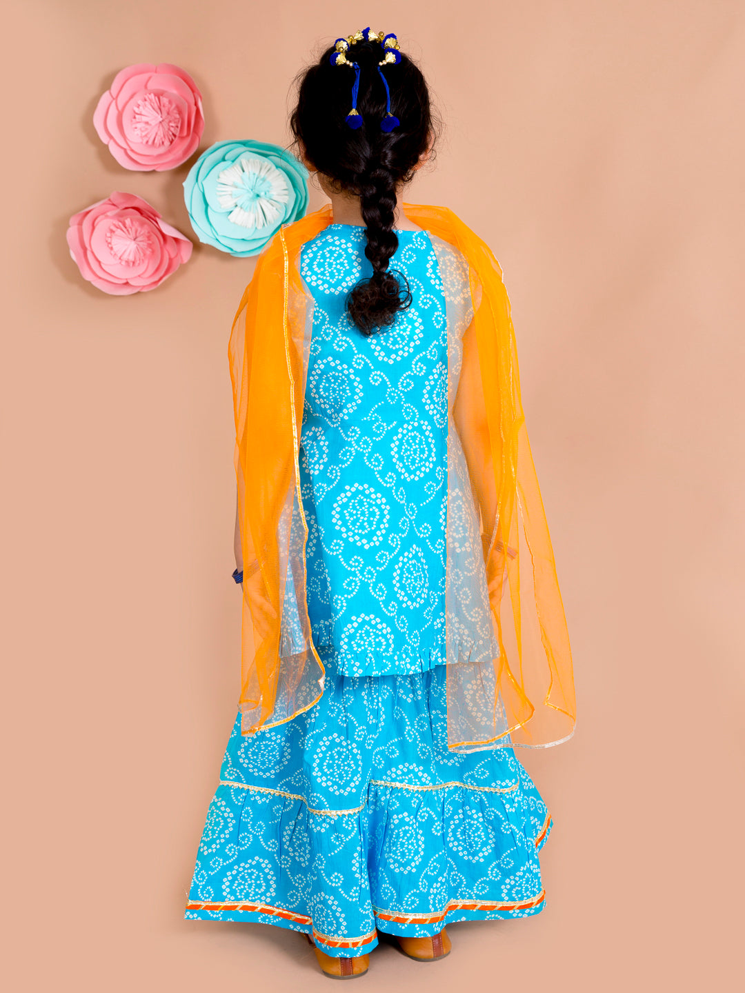 Pspeaches Girls Blue Bandhani Printed Panelled Gotta Patti Pure Cotton Kurti With Sharara With Dupatta (SHA-BLUE BANDHNI)