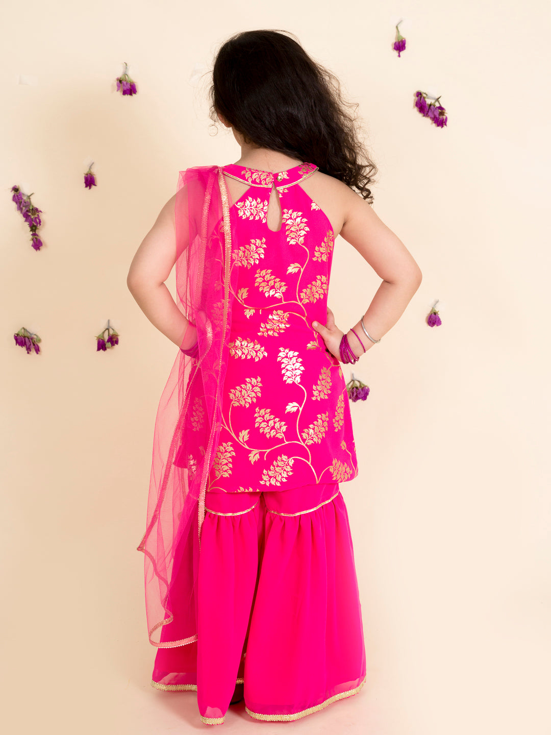 Pspeaches Girls Magenta Floral Printed Kurta With Sharara Dupatta (IW-MAGENTA FOIL)