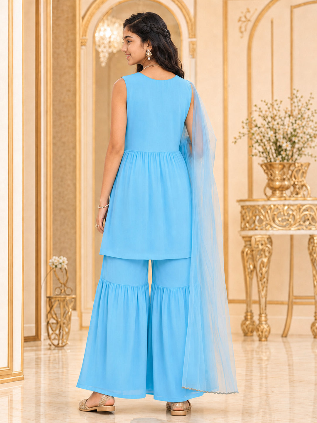 Pspeaches Girls Georgette Sleeveless Round Neck Embroidered Firozi Kurti & Sharara With Dupatta 3 Piece Set
