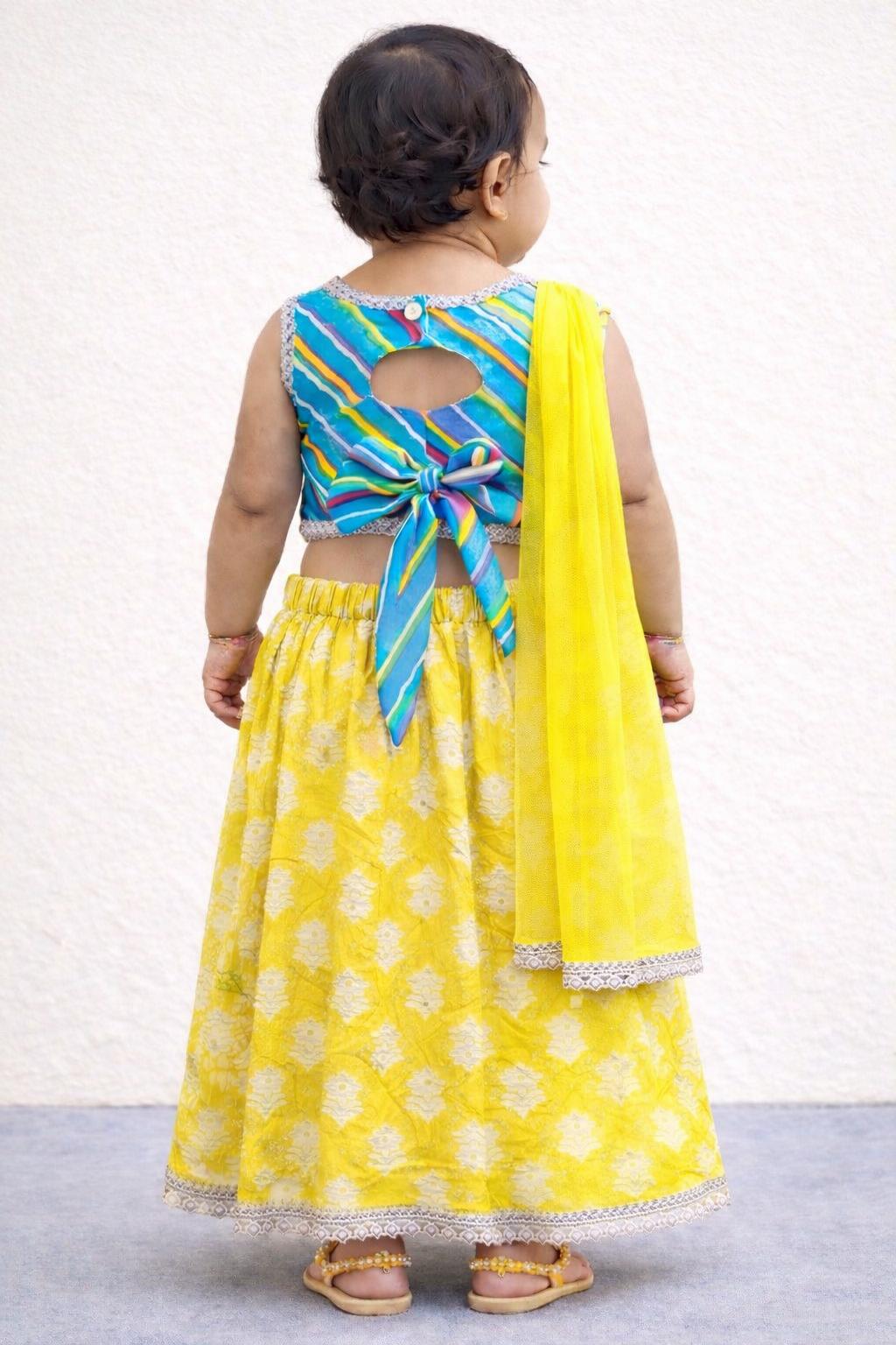Pspeaches Baby Girls Yellow & Blue Ethnic Leheriya Print Cotton Circular Lehenga & Choli With Dupatta ( Sku-Ing-Lyellowfoil )