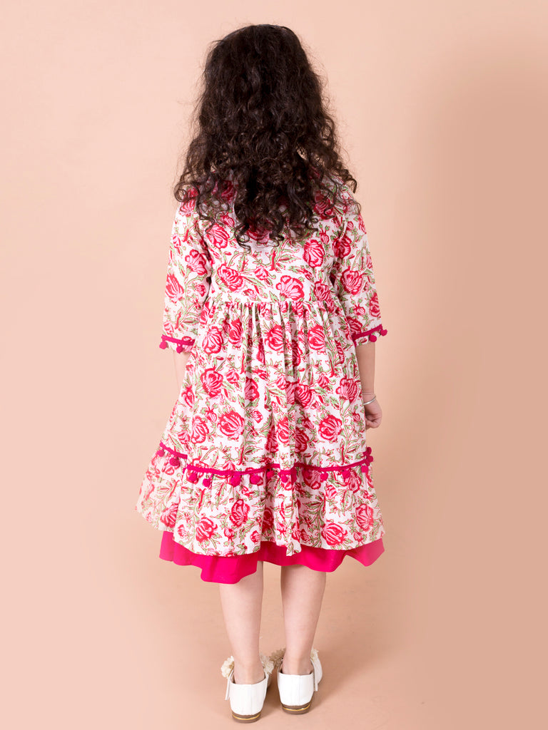 Pspeaches Magenta White Floral A-Line Cotton Dress With Attached Shrug (IW-FLORAL CAPE)