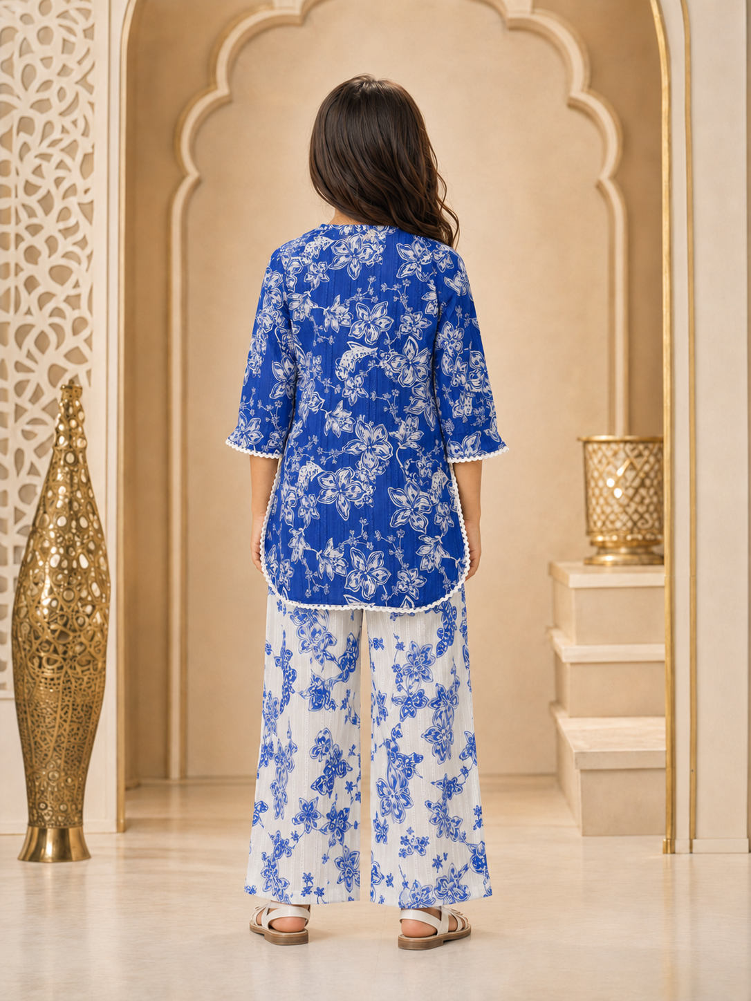 Girls Floral Printed Straight Fit Kurta With Pant (KS-FLORALBLUE)