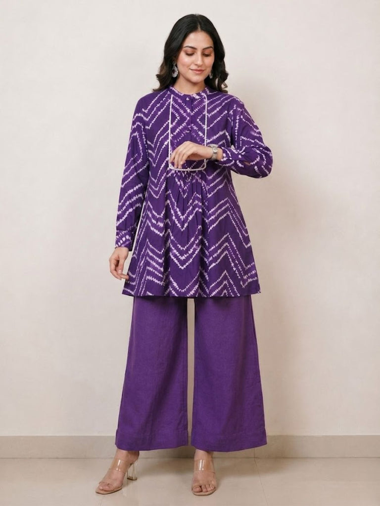 Pspeaches Women Cotton Full Sleeves Mandarin Collar Bandhani Print Kurta With Pant 2 Piece Set - Purple