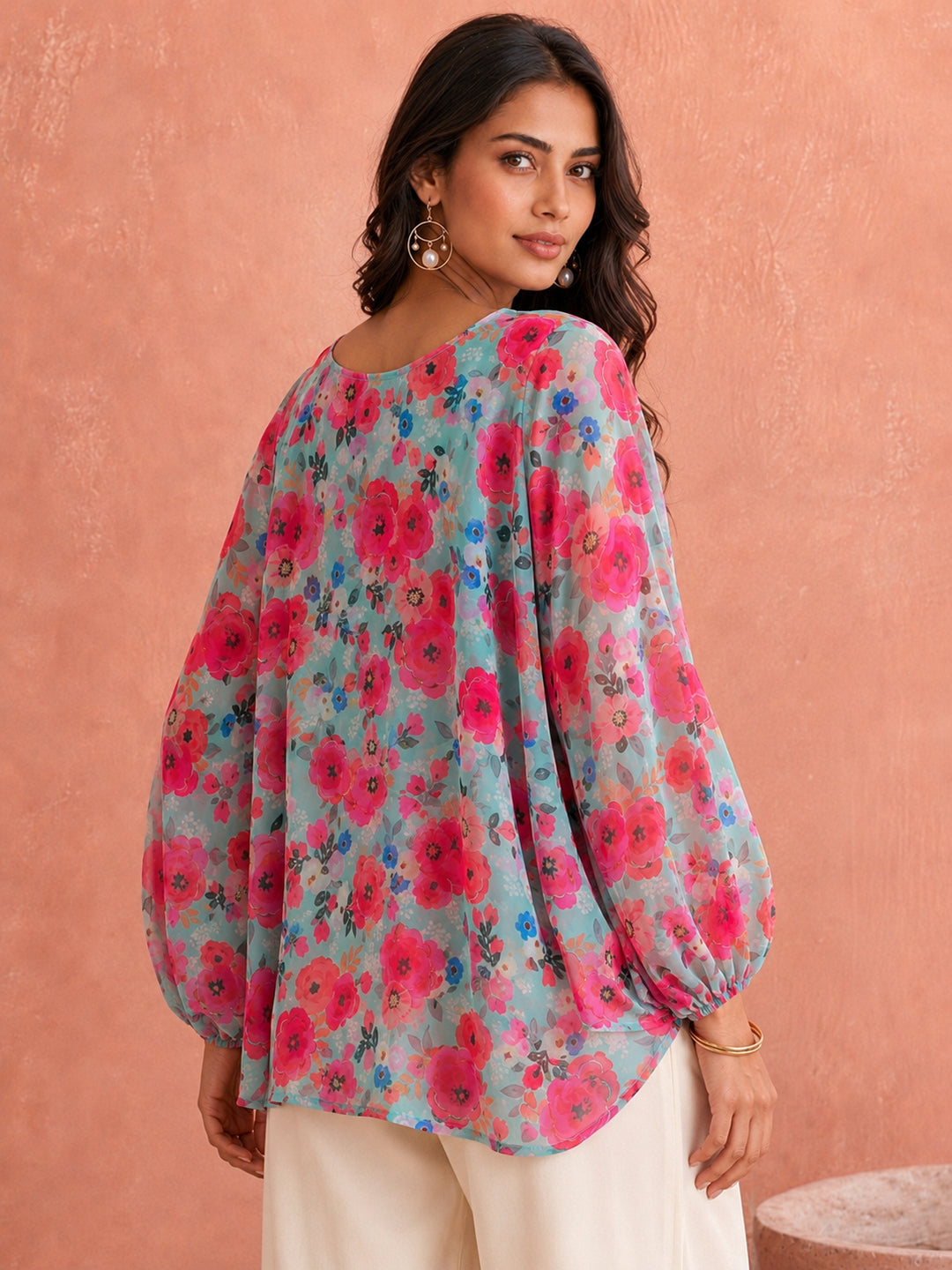 Pspeaches Women Georgette Full Sleeves V-Neck Floral Print Top With Camisole - Multicolor