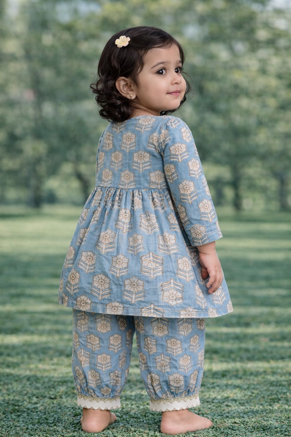 Pspeaches Baby Girls Blue Ethnic Booti Print Cotton A-Line Kurta & Pant Set ( Sku-Ing-Bluebooti )