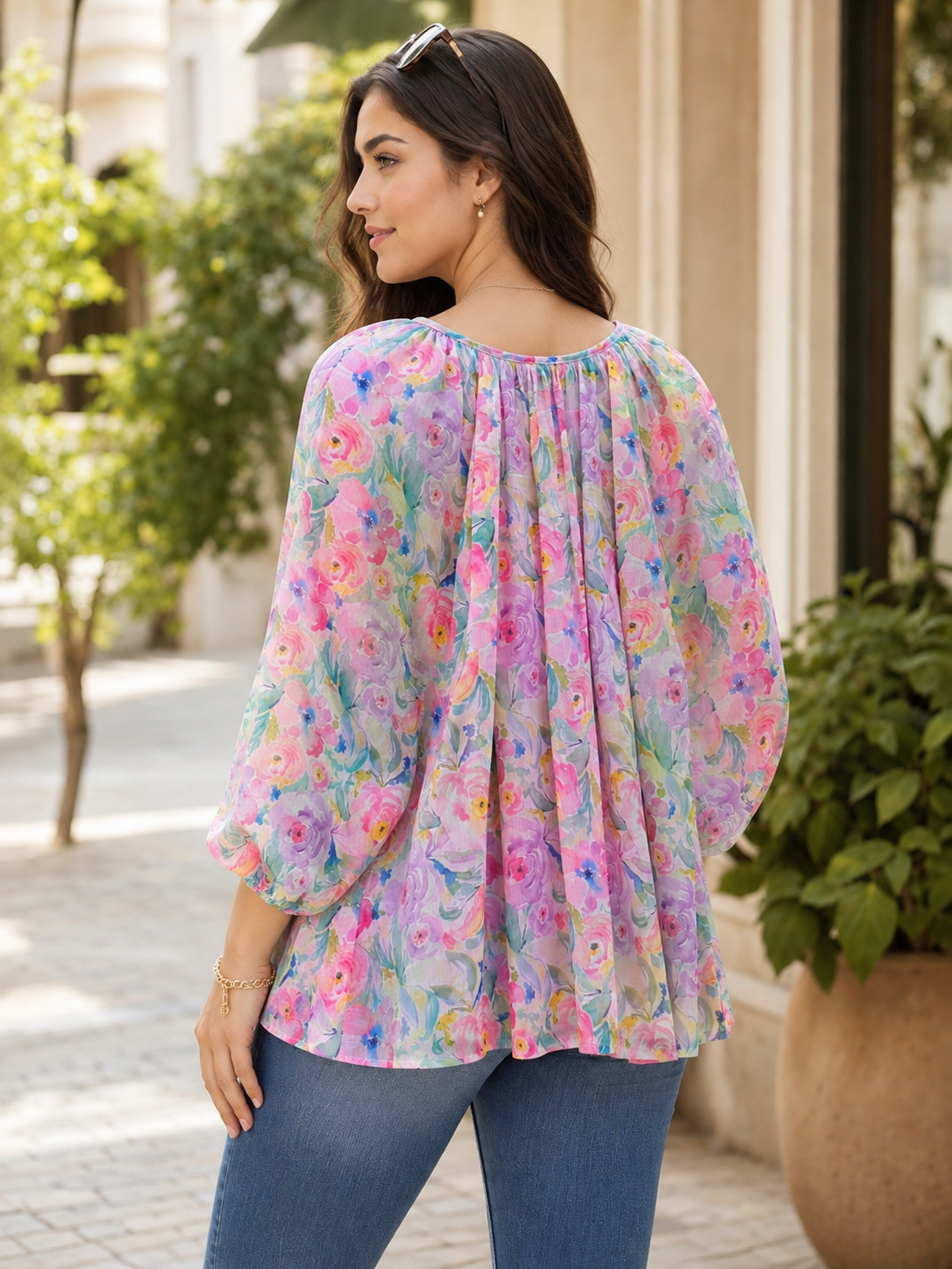 Pspeaches Women Georgette Full Sleeves Round Neck Floral Print Top With Camisole - Multicolor