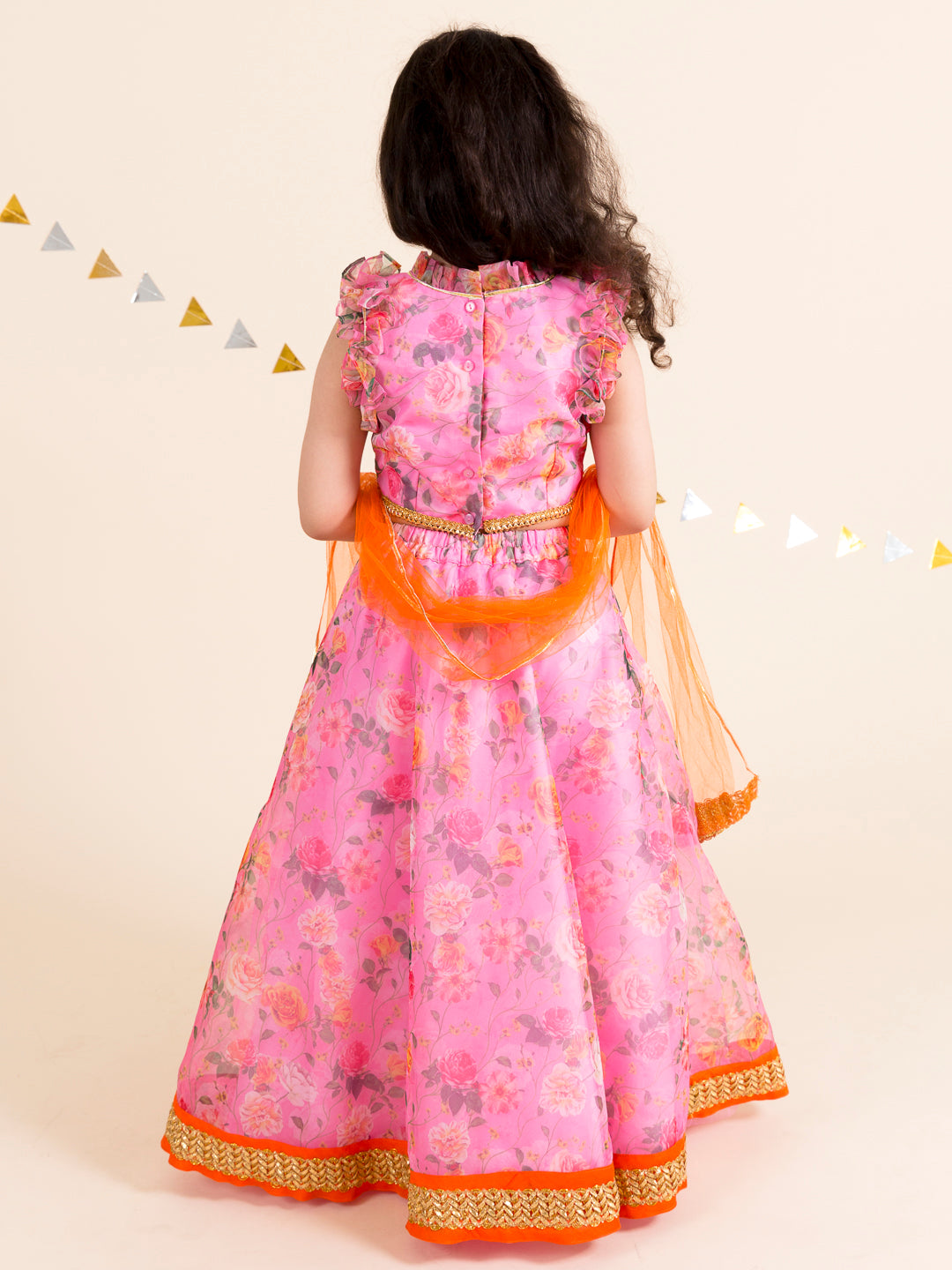 Girls Pink & Orange Printed Ready to Wear Lehenga & Blouse With Dupatta (L-pinkdigital)
