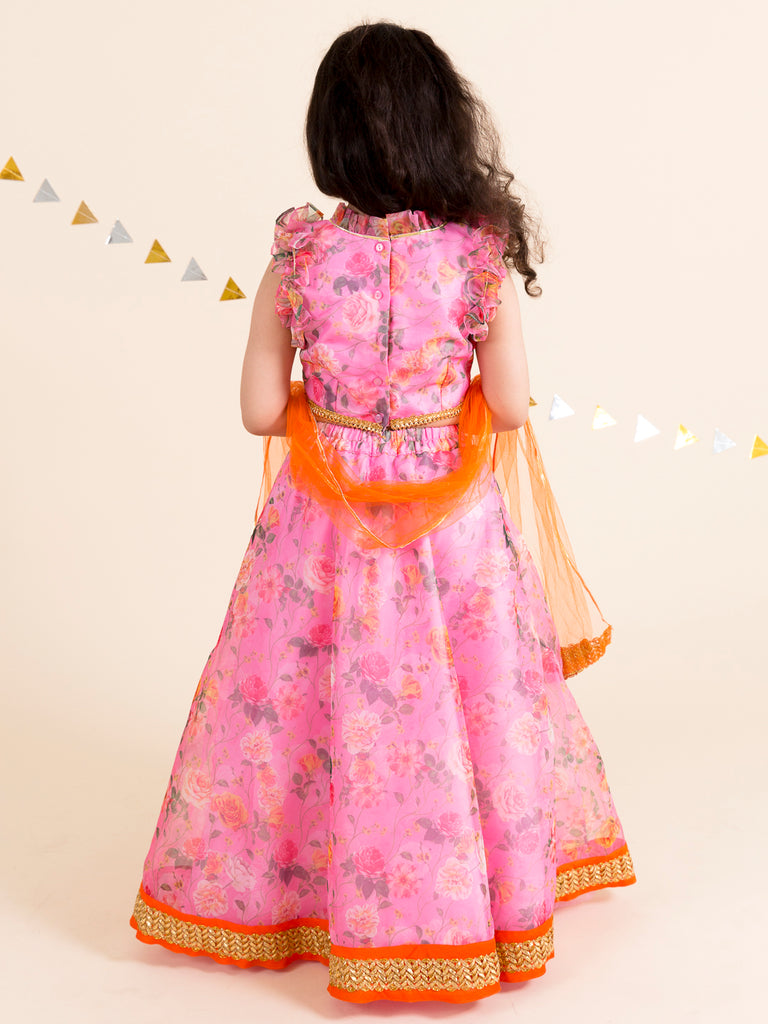 Girls Pink & Orange Printed Ready to Wear Lehenga & Blouse With Dupatta (L-pinkdigital)