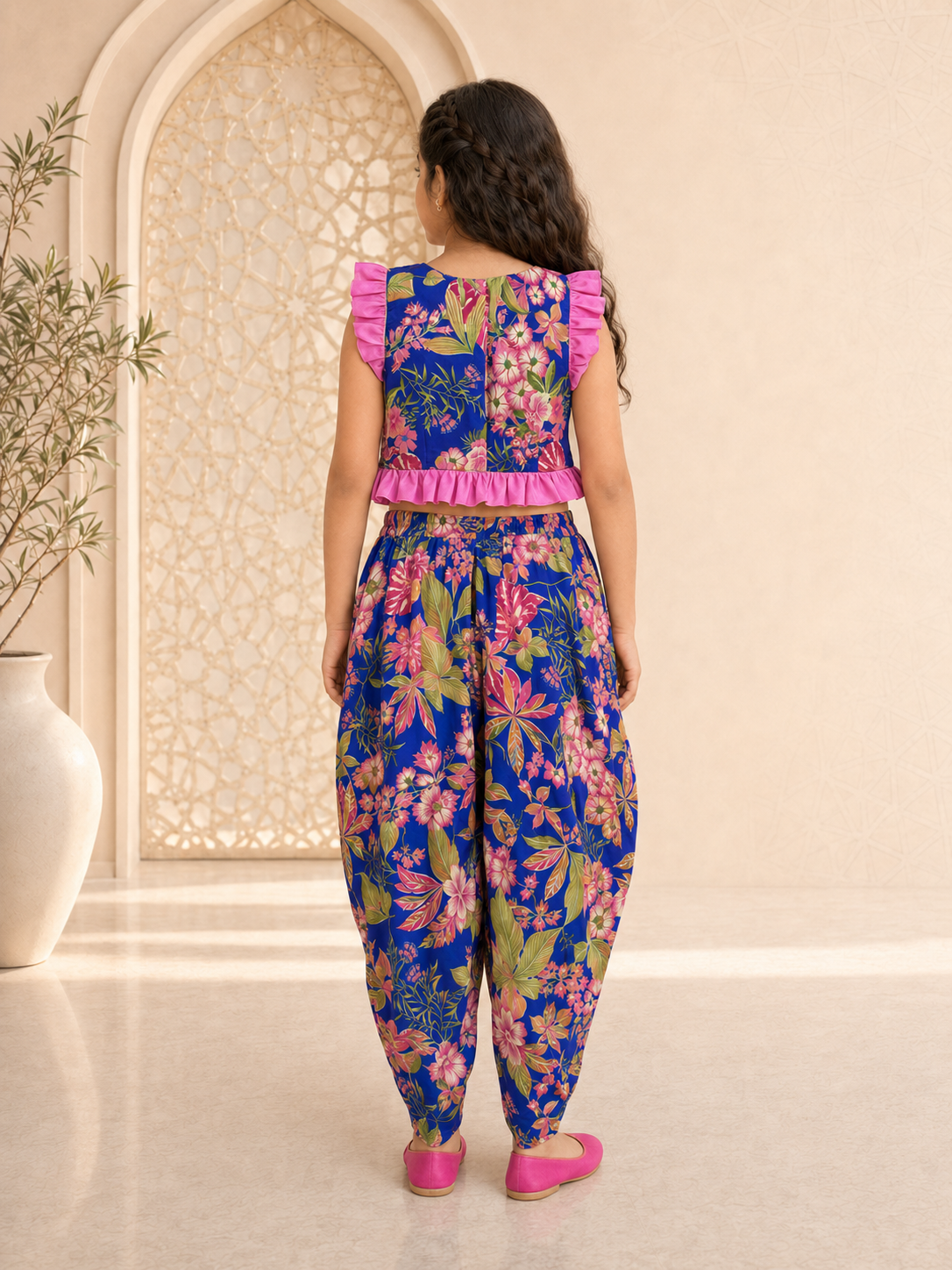 Girls Floral Printed Fitted Crop Top With Dhoti Pants (DH-BLUEPINKFLOWER)