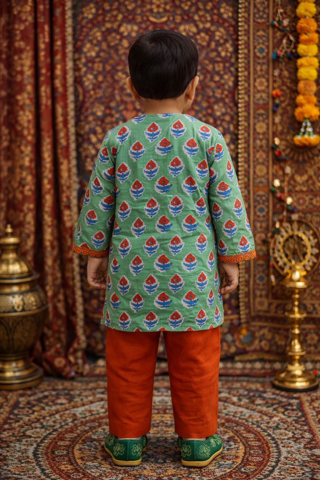 Pspeaches Baby Boys Green & Orange Ethnic Booti Print Cotton Angrakha Kurta With Pyjama Set ( Sku-Inb-Greenred )