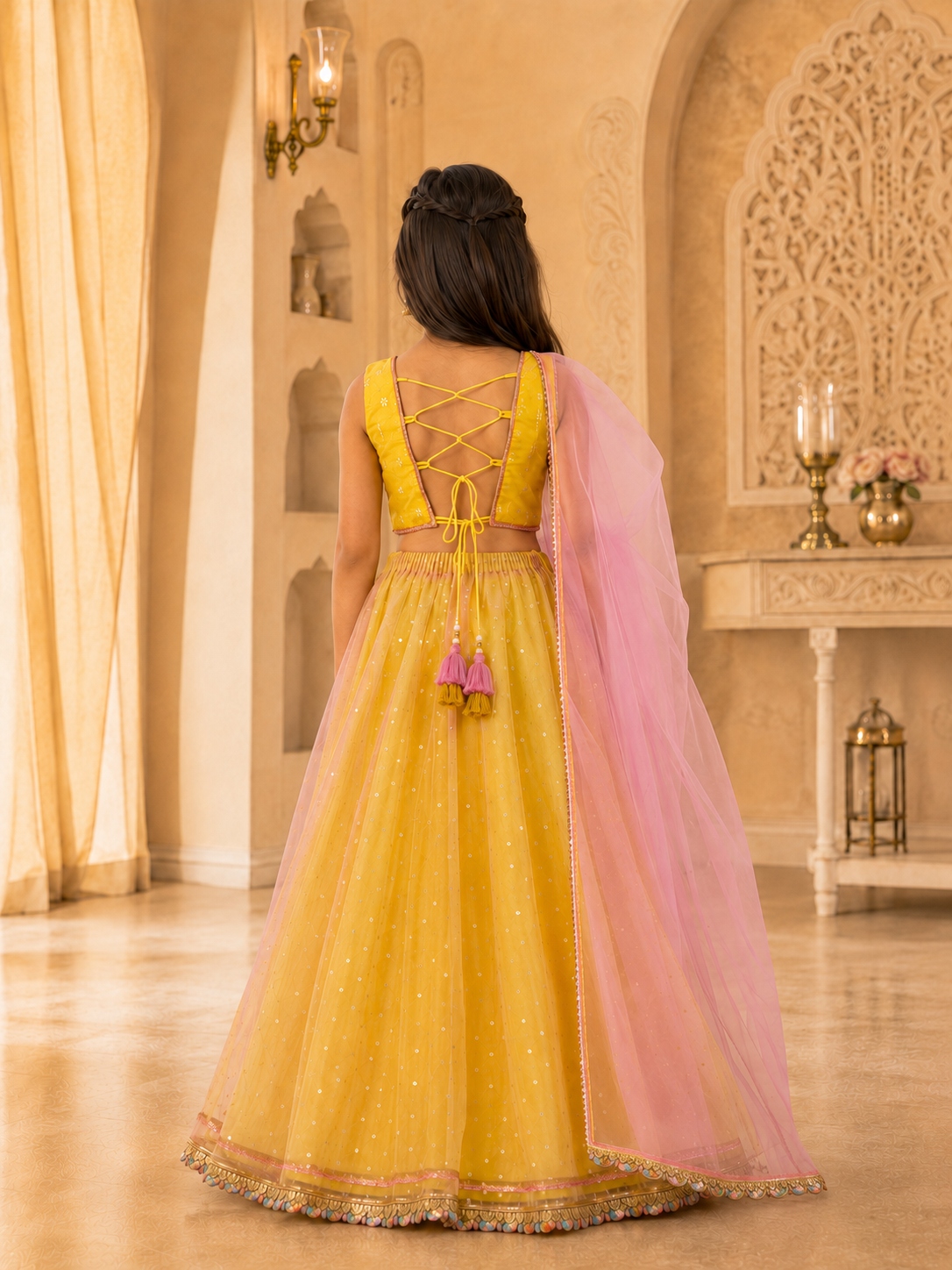 Girls Foil Net Fitted Lehenga Choli With Dupatta (L-YELLOWDUPION)